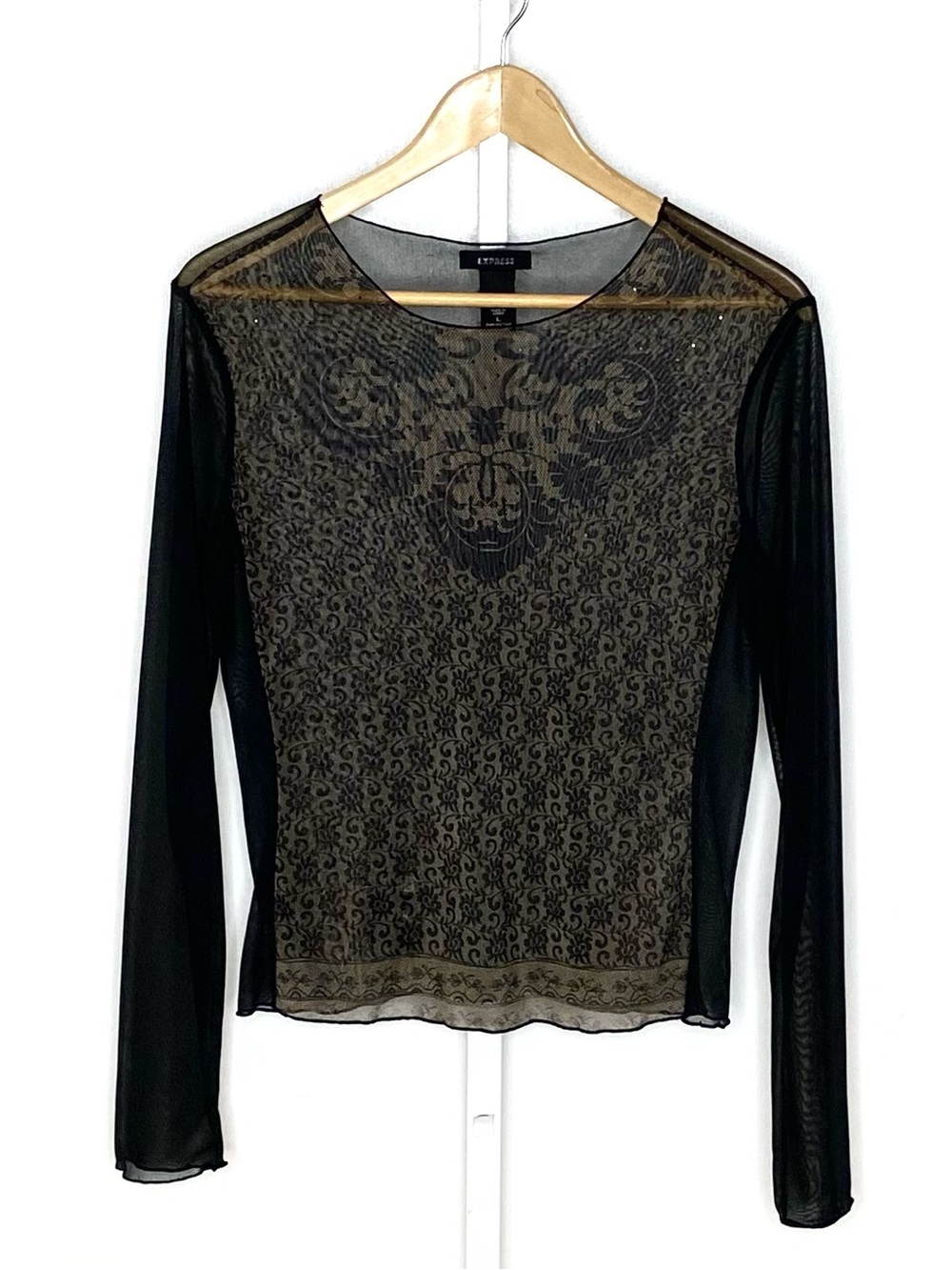 Express | Y2K VINTAGE Black/Tan Brocade Print Bejeweled Sheer Mesh Top Sz Large